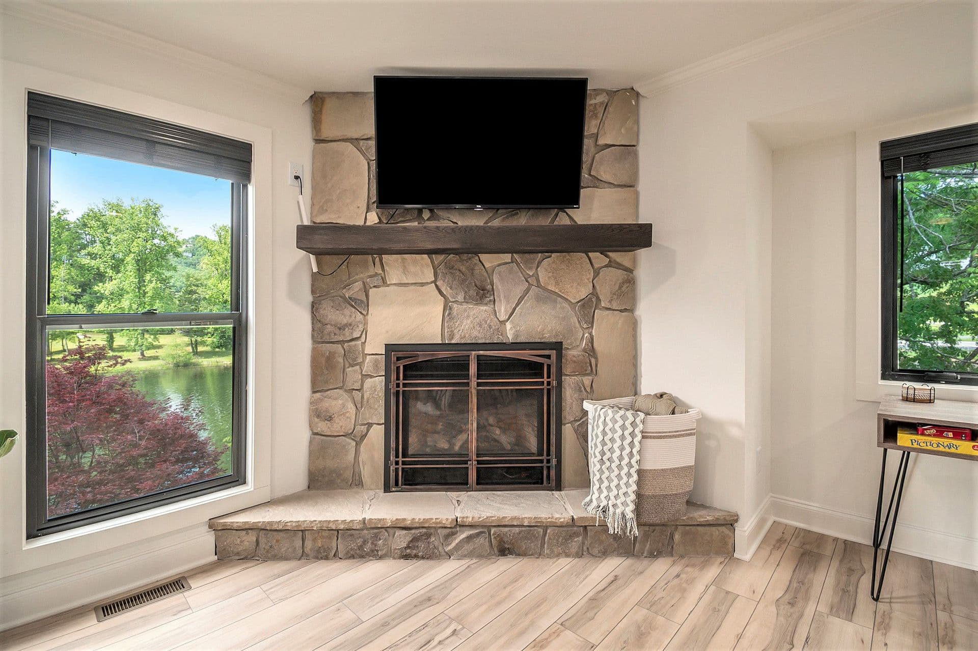 Cozy fireplace inside cabin at Tranquille Resort