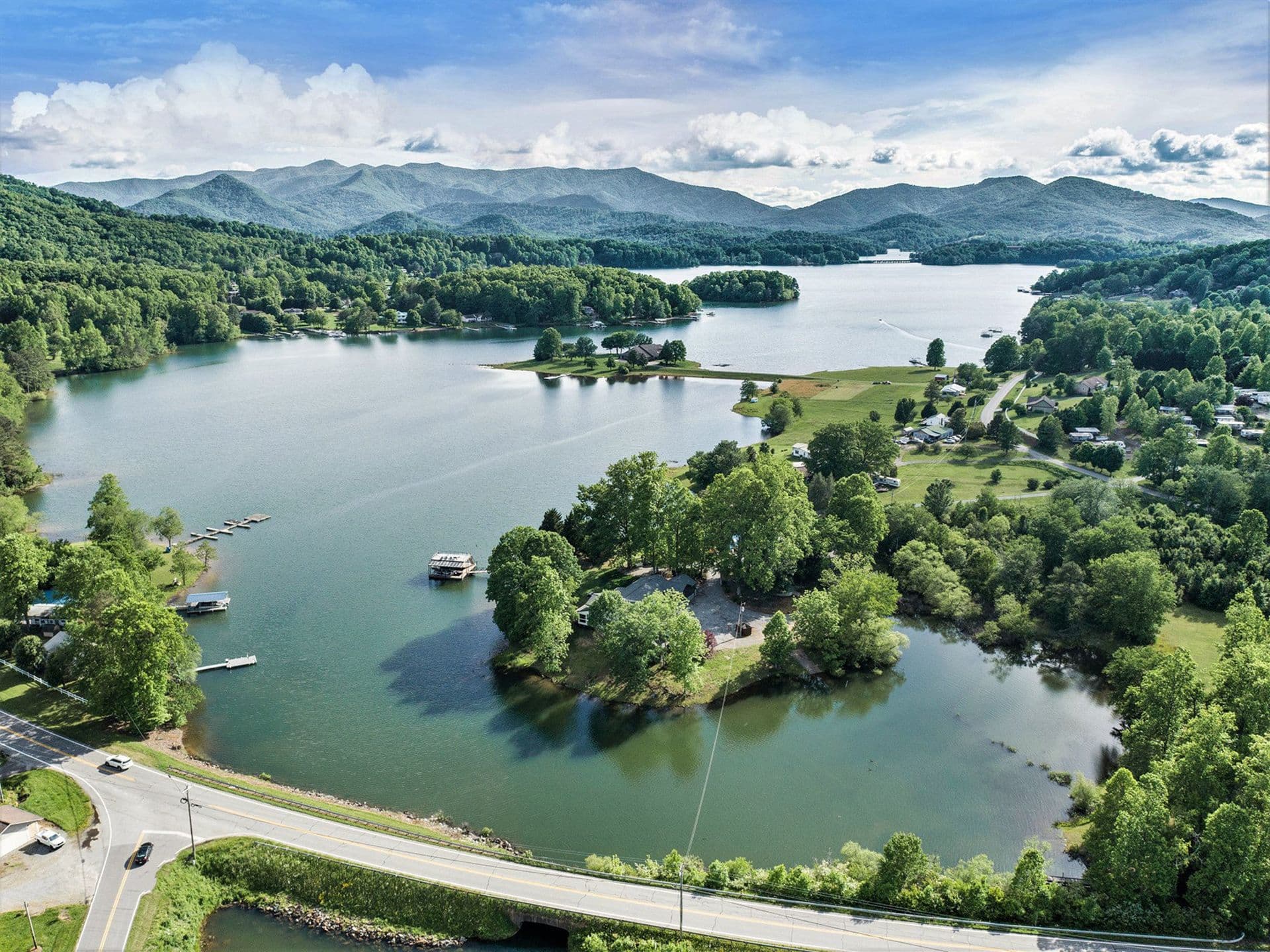 Aerial view of Tranquille Resort lakeside cabins on Lake Chatuge in Hiawassee, Georgia