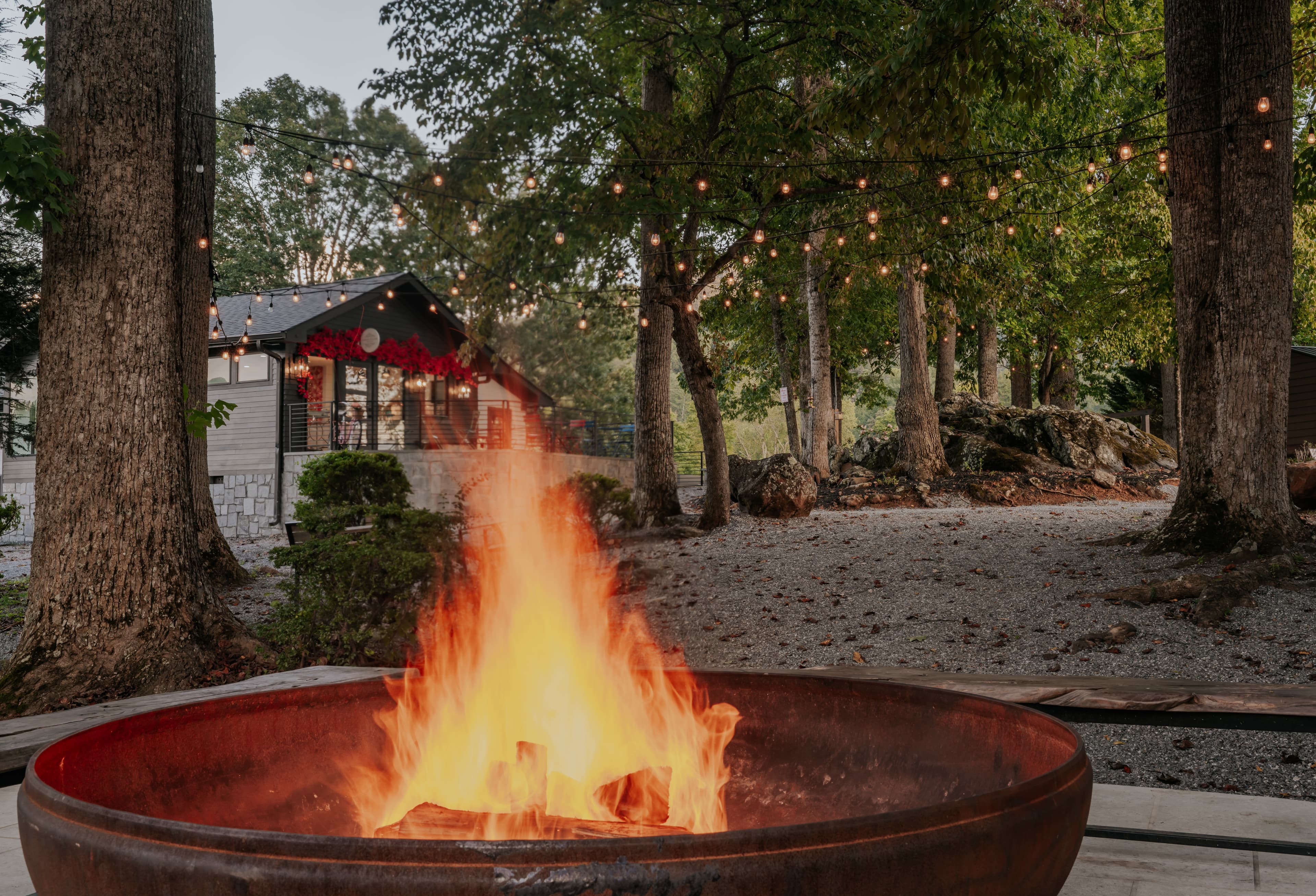 Bonfire pit at twilight at Tranquille Resort Hiawassee GA