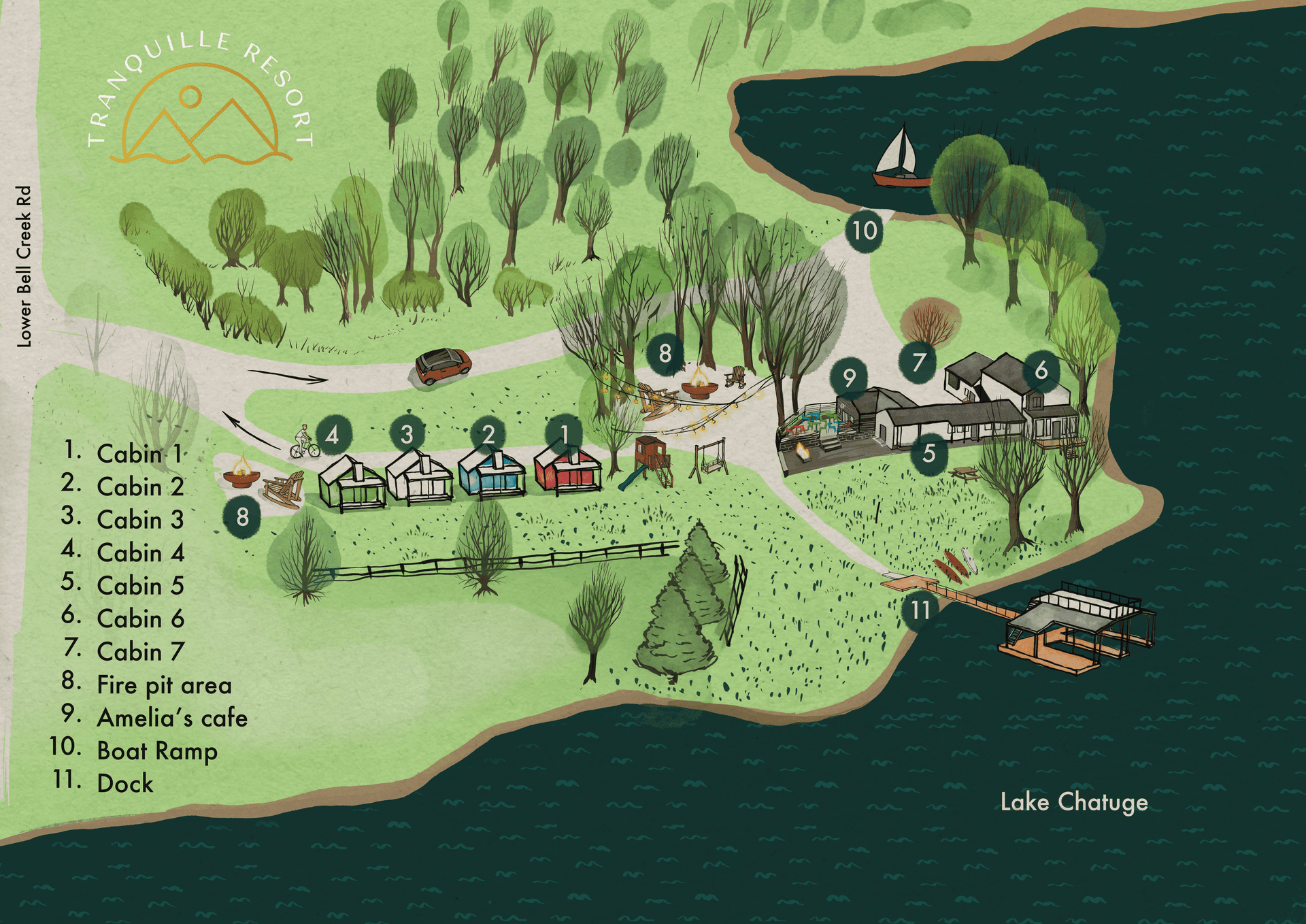 Tranquille Resort property map showing all 7 cabins, private dock, boat ramp, and Amelia's Cafe on Lake Chatuge