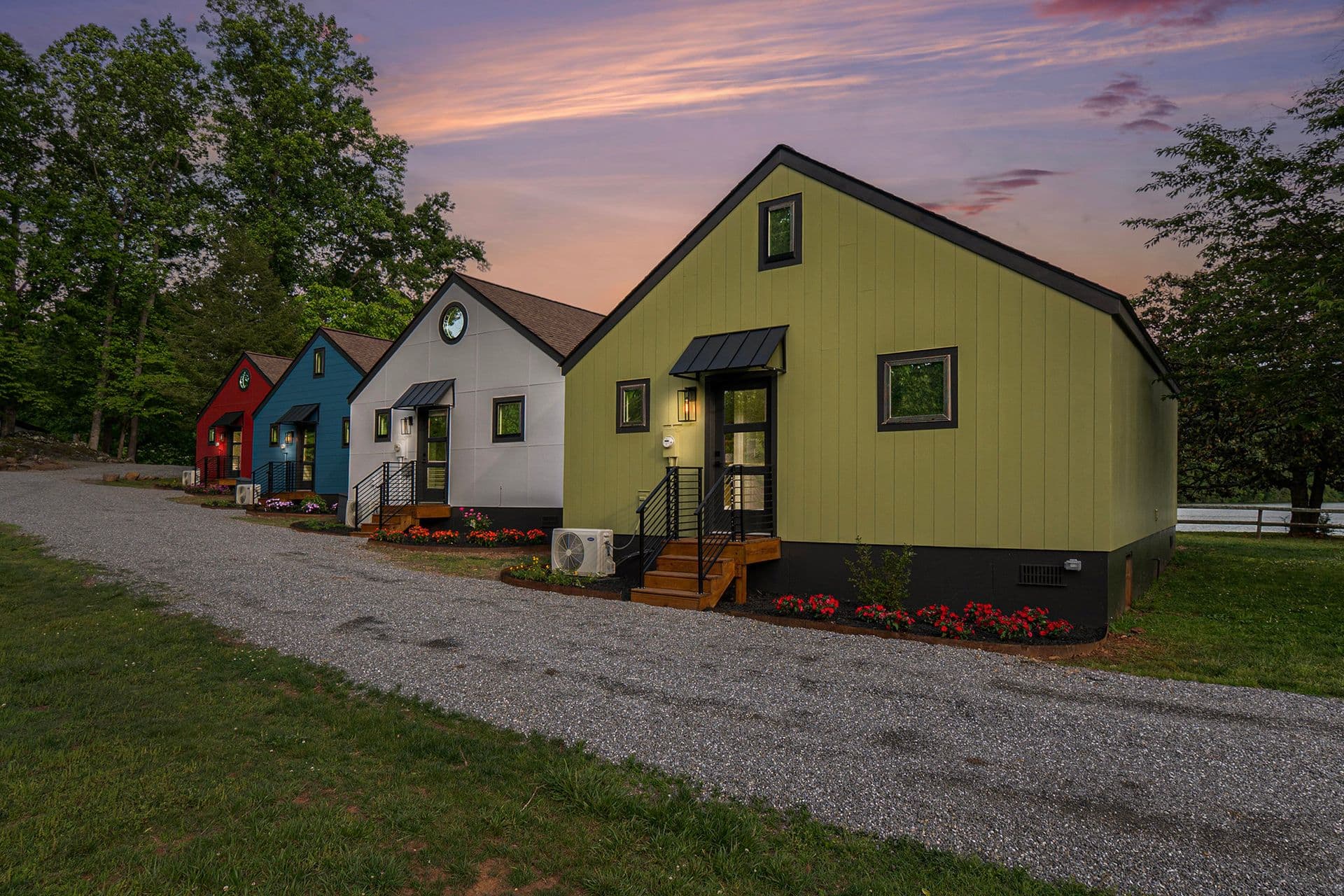 Tranquille Resort lakeside cabins at twilight on Lake Chatuge